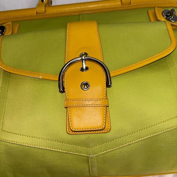 Coach Green Canvas & Yellow Leather Trim Carryall Hampton Tote - Picture 3 of 16